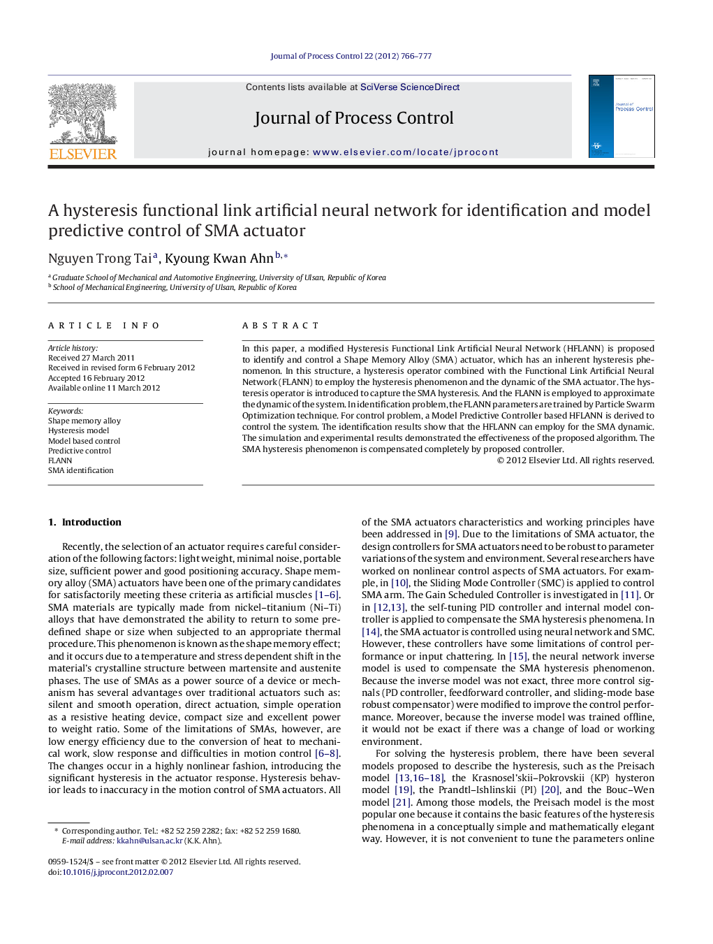 A hysteresis functional link artificial neural network for identification and model predictive control of SMA actuator