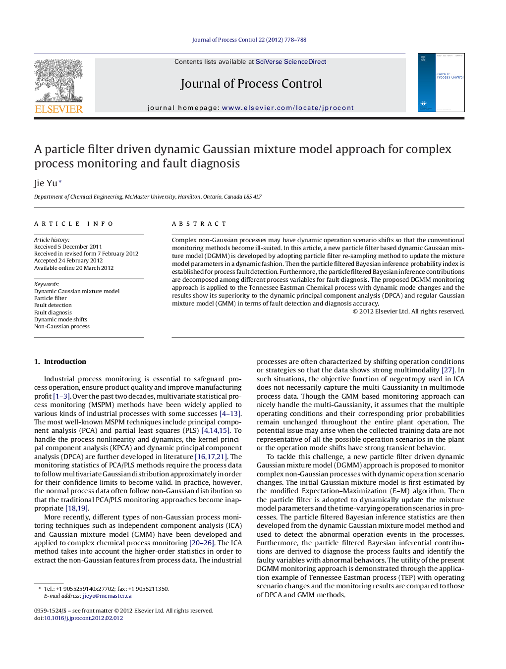 A particle filter driven dynamic Gaussian mixture model approach for complex process monitoring and fault diagnosis