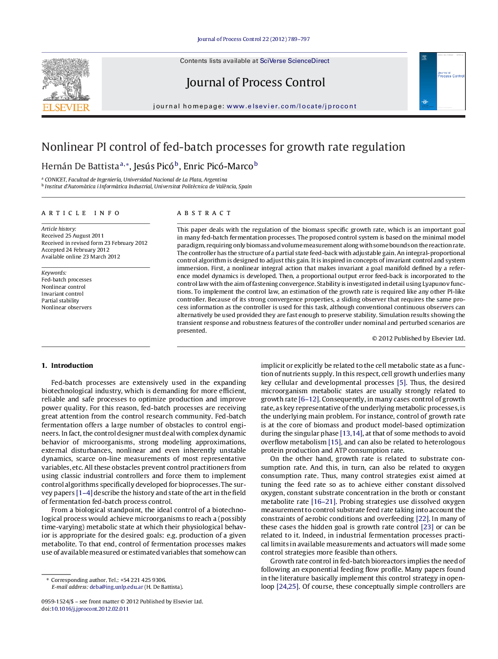 Nonlinear PI control of fed-batch processes for growth rate regulation