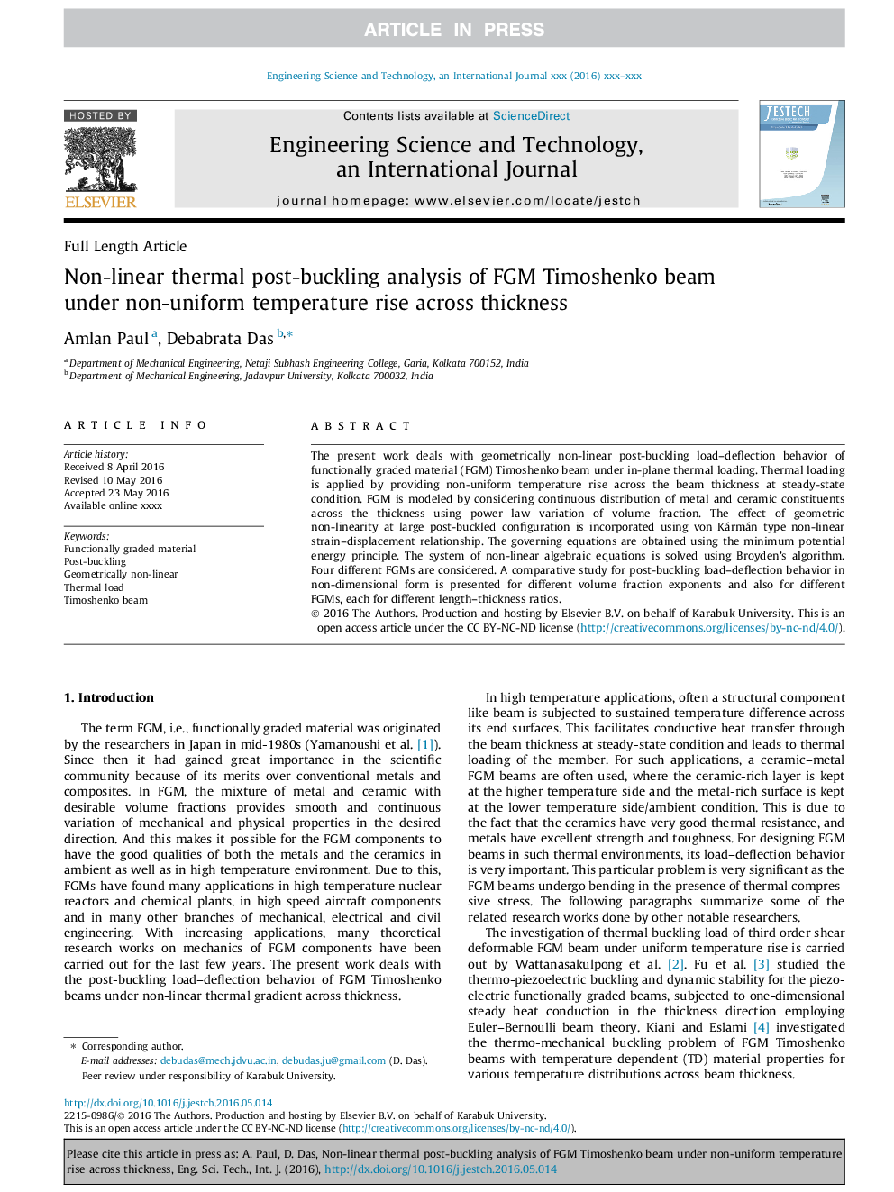 Non-linear thermal post-buckling analysis of FGM Timoshenko beam under non-uniform temperature rise across thickness