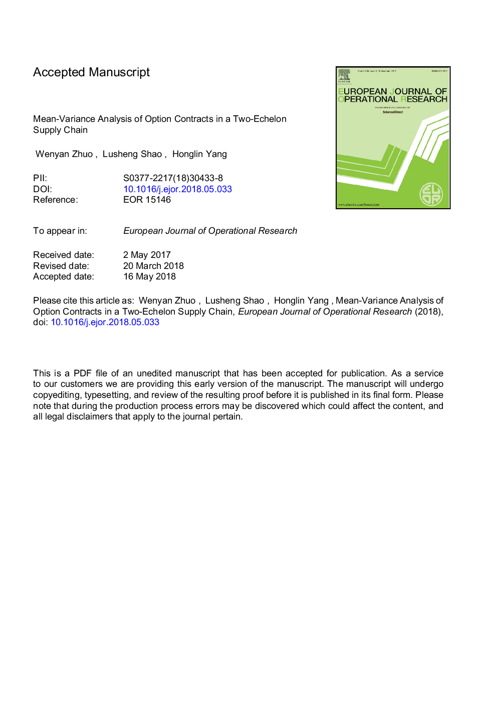 Mean-variance analysis of option contracts in a two-echelon supply chain