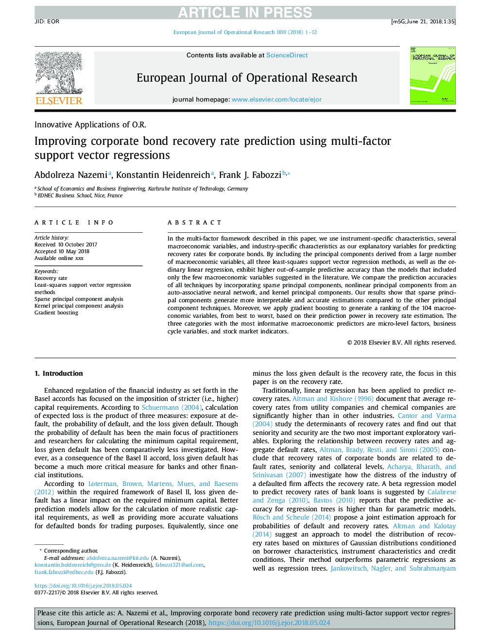 Improving corporate bond recovery rate prediction using multi-factor support vector regressions