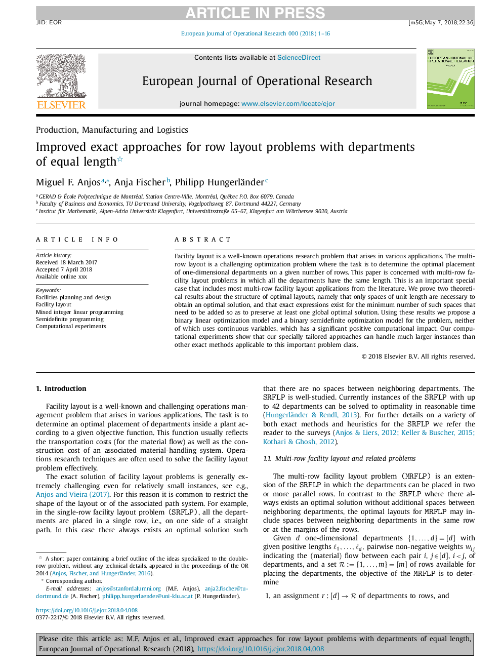 Improved exact approaches for row layout problems with departments of equal length