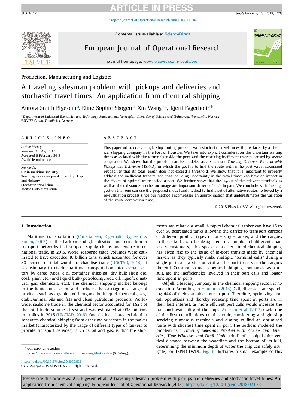 A traveling salesman problem with pickups and deliveries and stochastic travel times: An application from chemical shipping