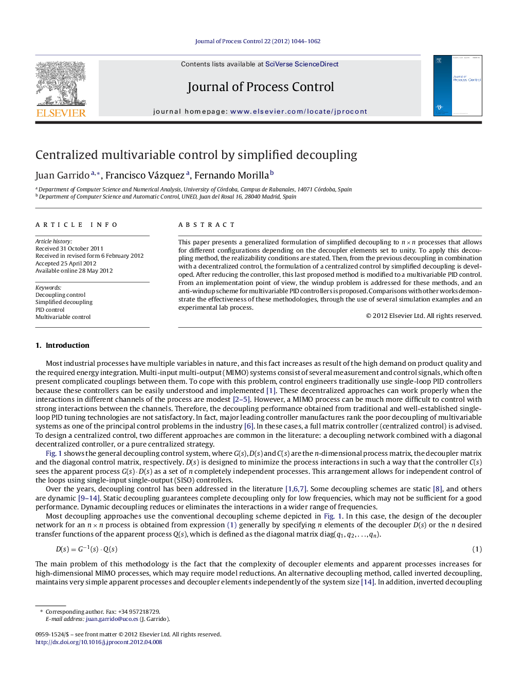 Centralized multivariable control by simplified decoupling