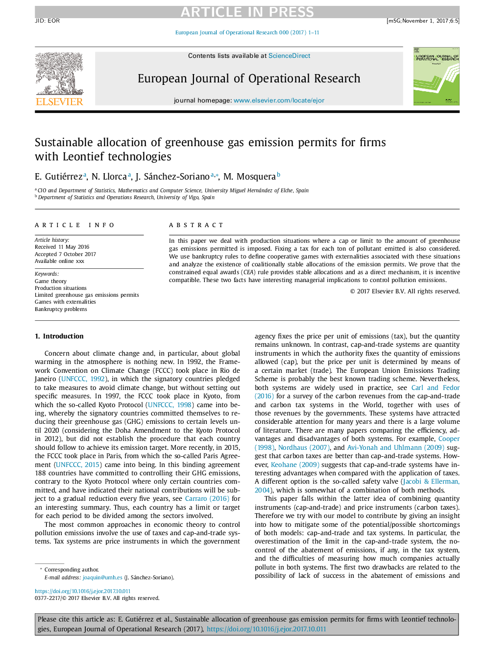 Sustainable allocation of greenhouse gas emission permits for firms with Leontief technologies