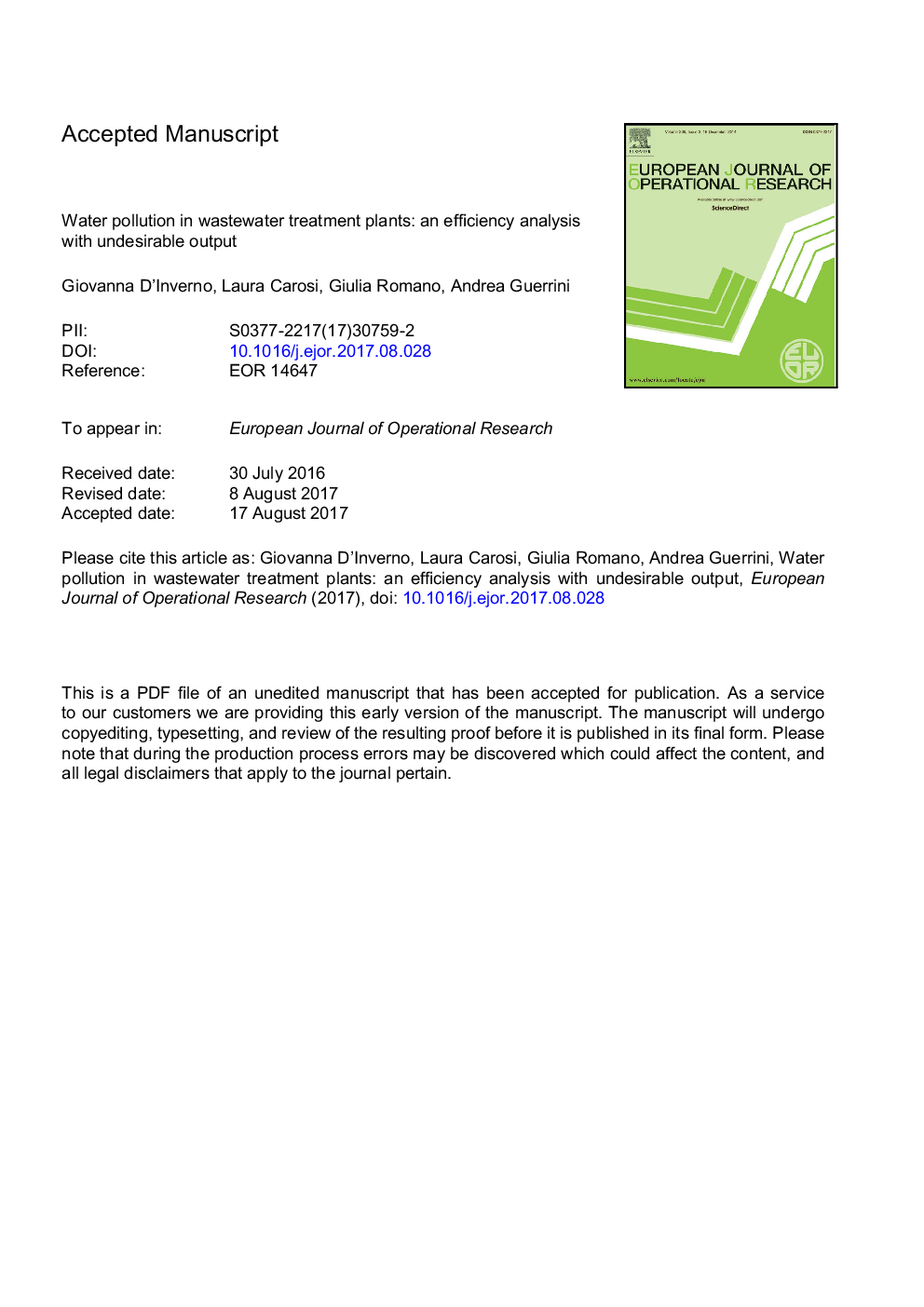 Water pollution in wastewater treatment plants: An efficiency analysis with undesirable output