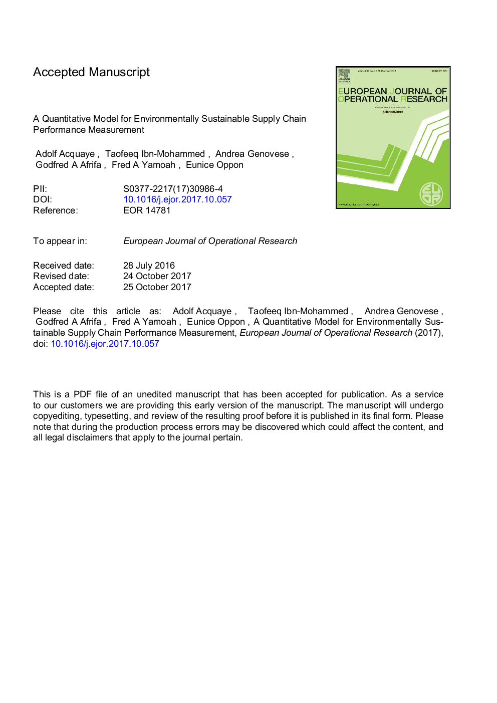 A quantitative model for environmentally sustainable supply chain performance measurement