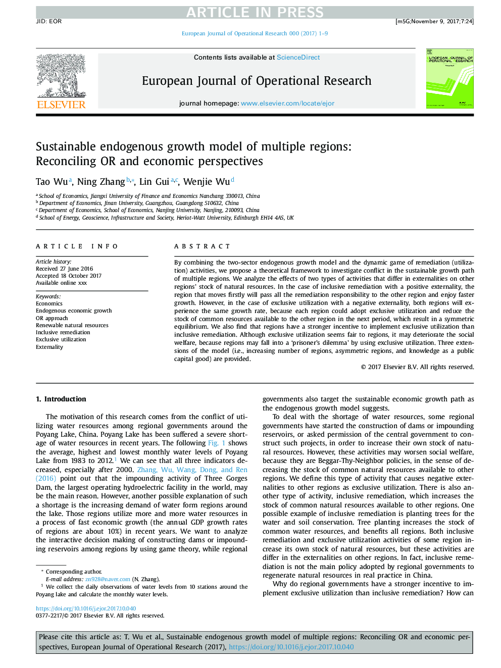 Sustainable endogenous growth model of multiple regions: Reconciling OR and economic perspectives