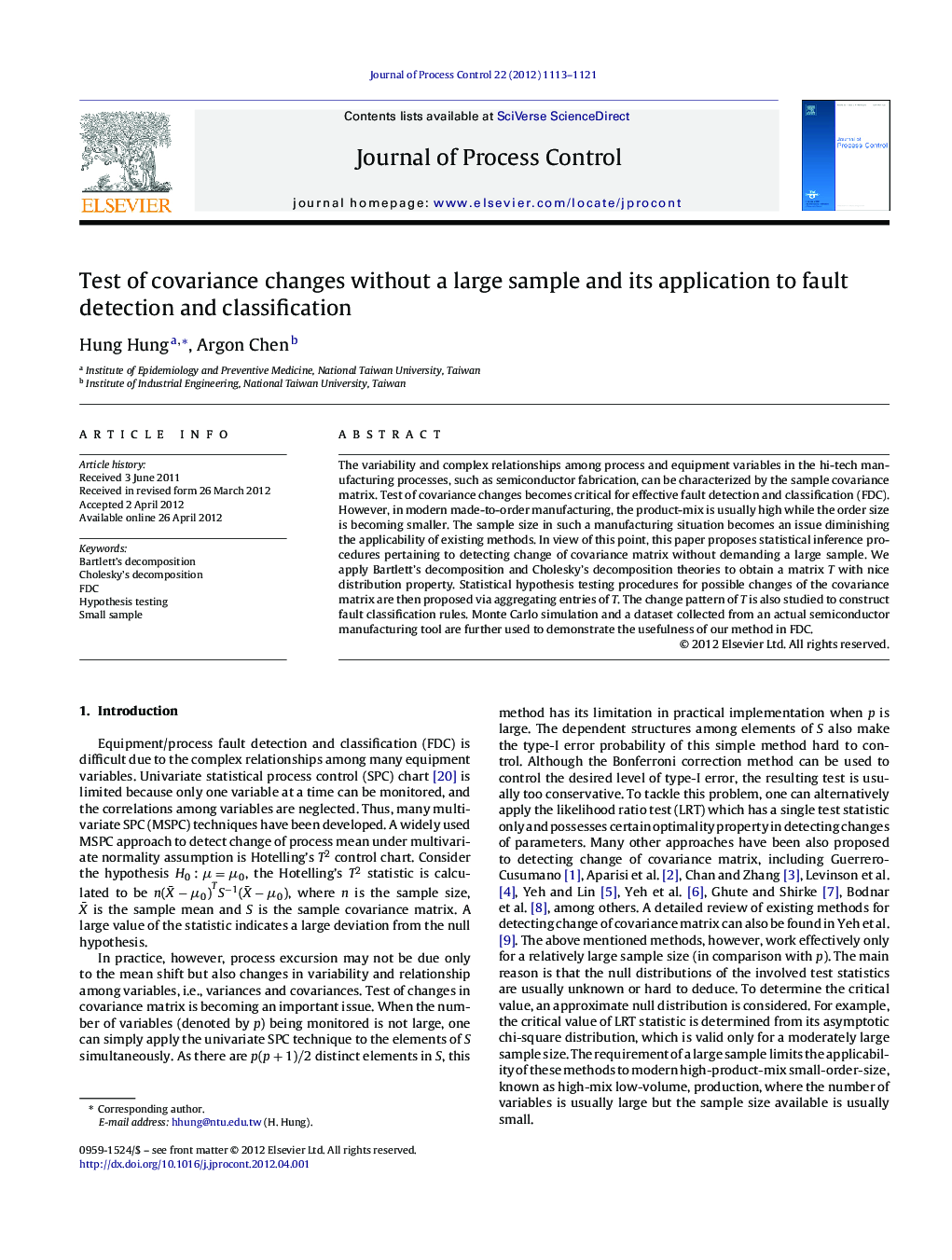 Test of covariance changes without a large sample and its application to fault detection and classification