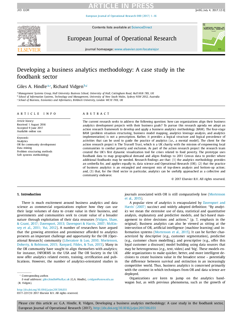 Developing a business analytics methodology: A case study in the foodbank sector