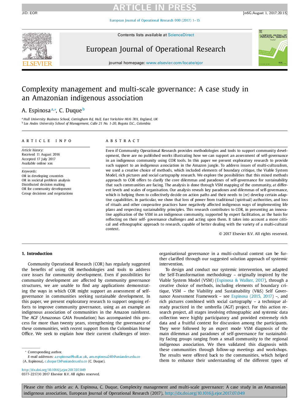 Complexity management and multi-scale governance: A case study in an Amazonian indigenous association