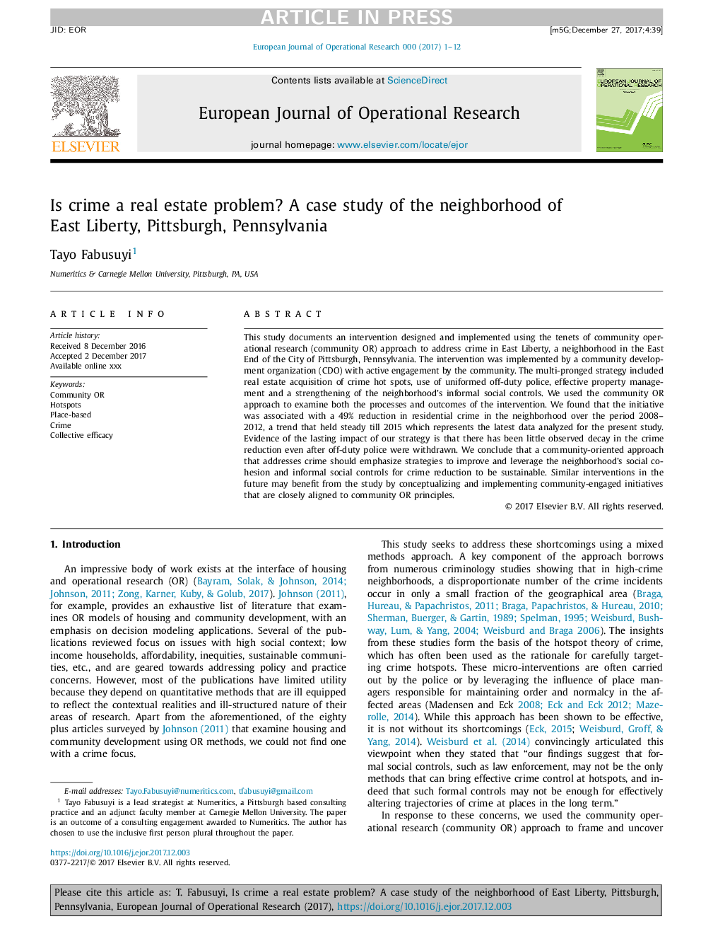 Is crime a real estate problem? A case study of the neighborhood of East Liberty, Pittsburgh, Pennsylvania