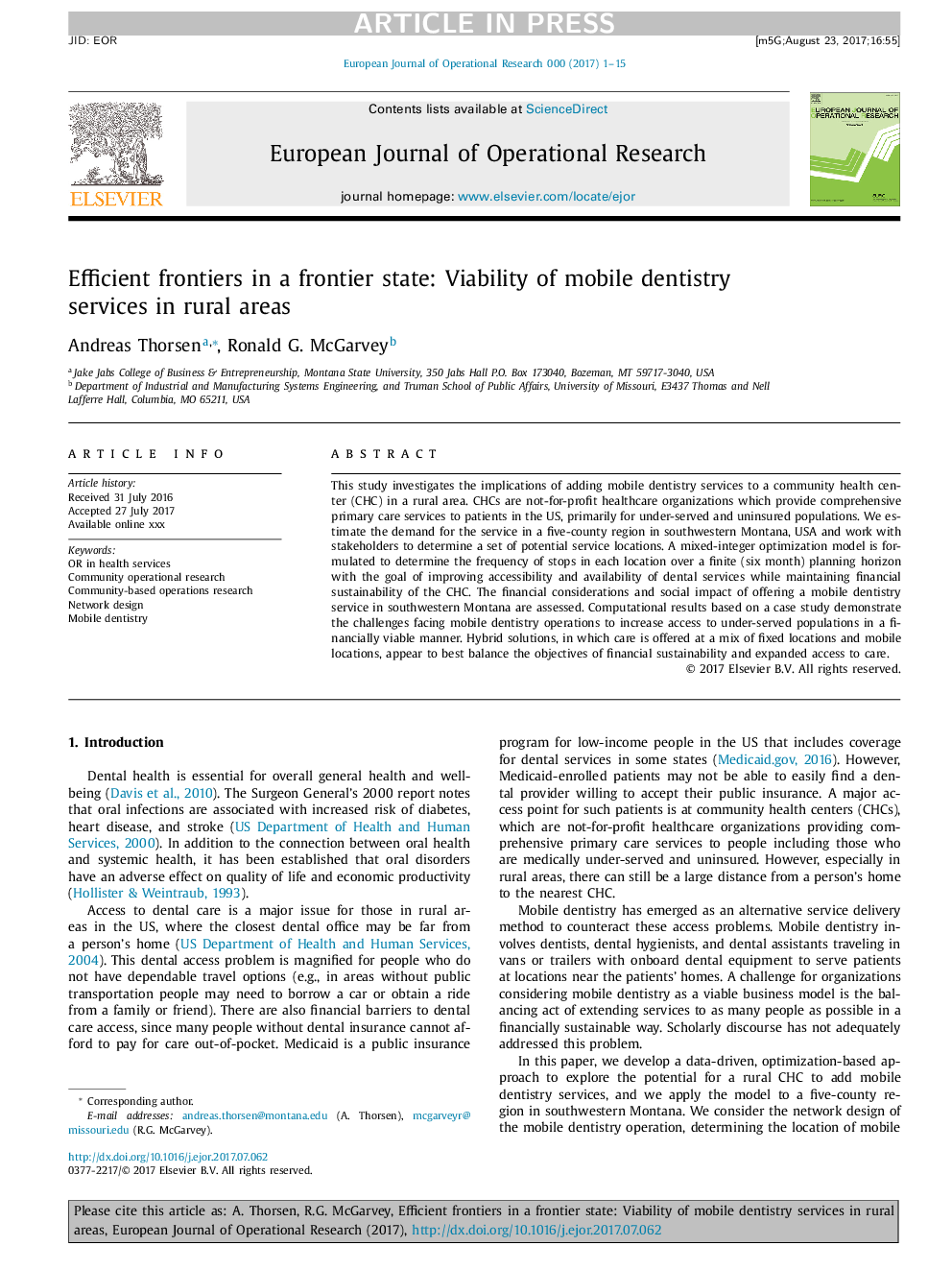 Efficient frontiers in a frontier state: Viability of mobile dentistry services in rural areas