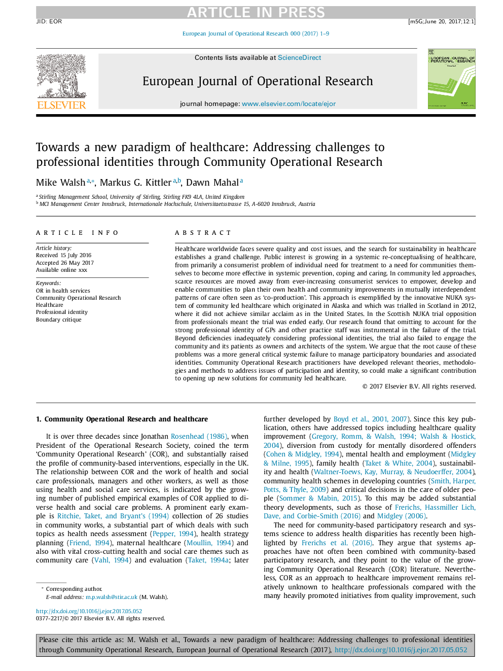 Towards a new paradigm of healthcare: Addressing challenges to professional identities through Community Operational Research