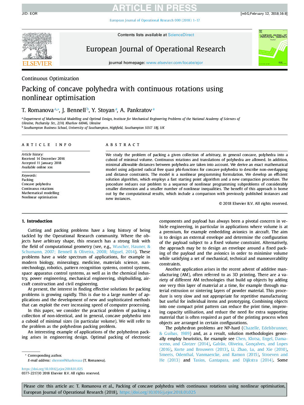 Packing of concave polyhedra with continuous rotations using nonlinear optimisation