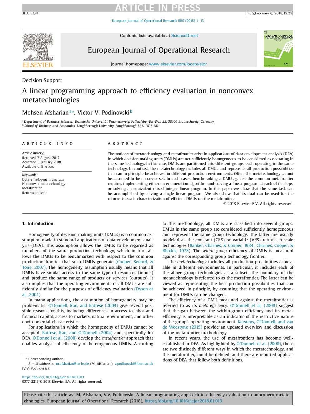 A linear programming approach to efficiency evaluation in nonconvex metatechnologies