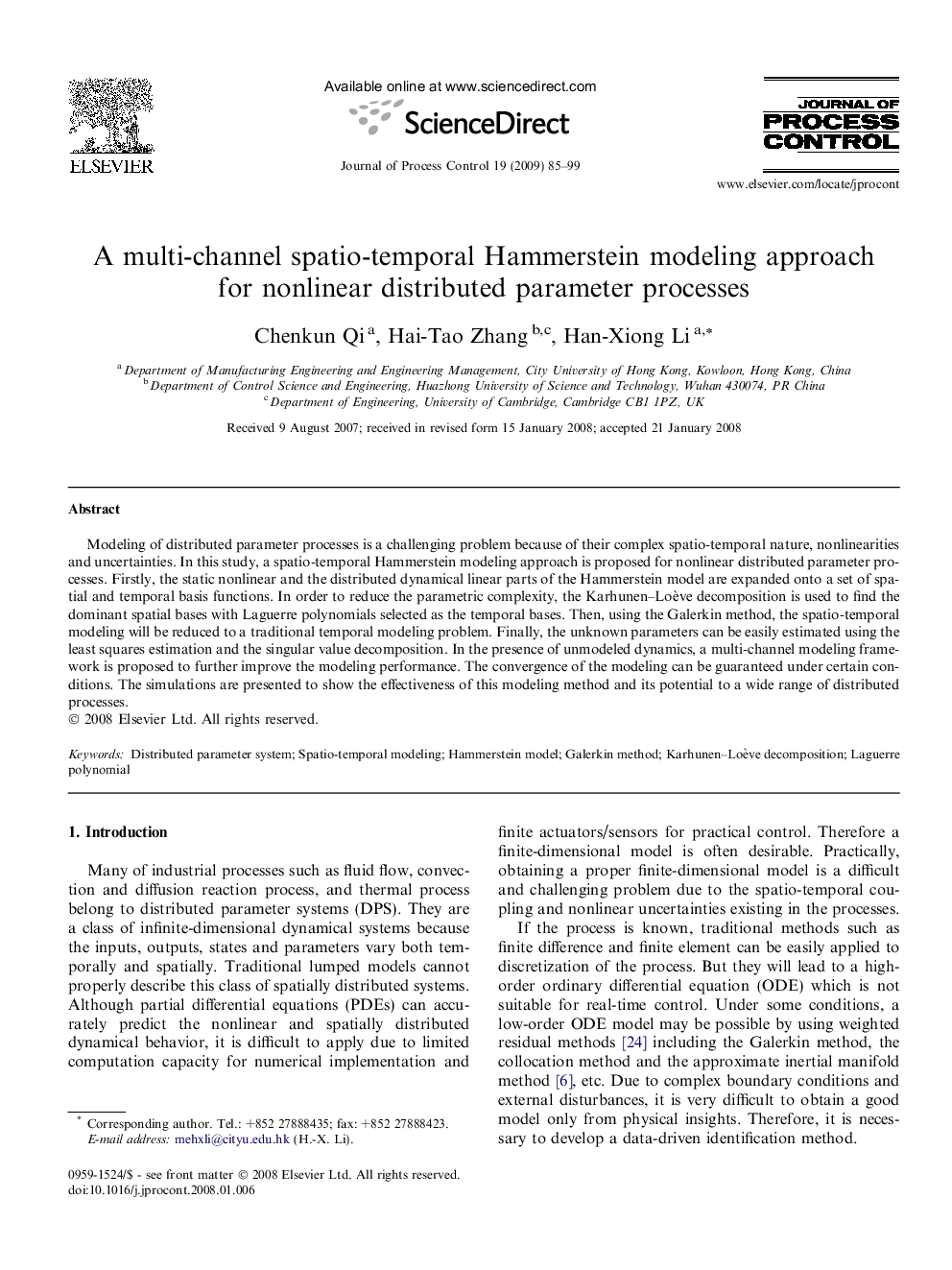 A multi-channel spatio-temporal Hammerstein modeling approach for nonlinear distributed parameter processes