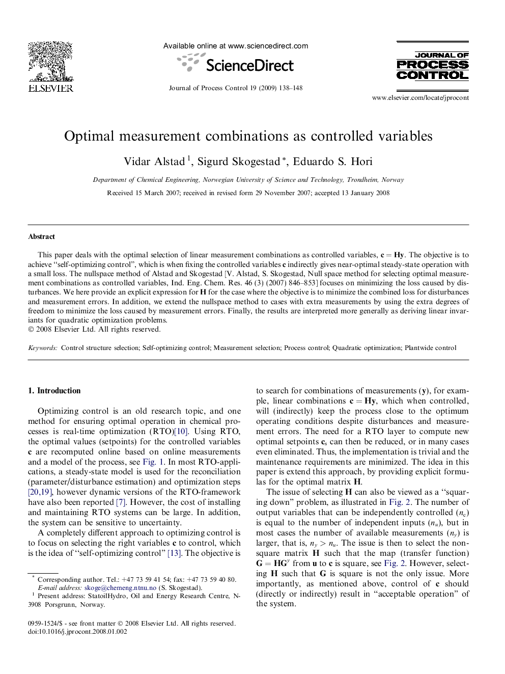 Optimal measurement combinations as controlled variables