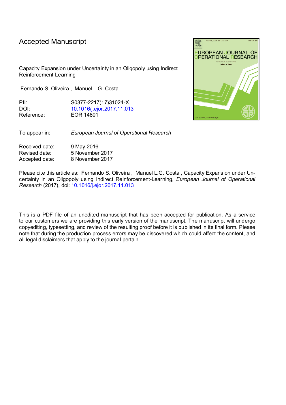 Capacity expansion under uncertainty in an oligopoly using indirect reinforcement-learning