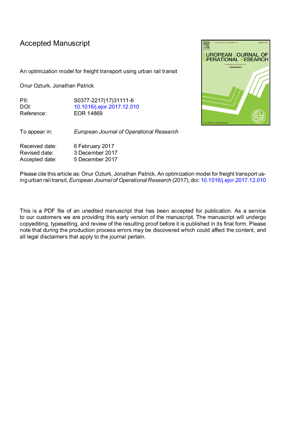 An optimization model for freight transport using urban rail transit