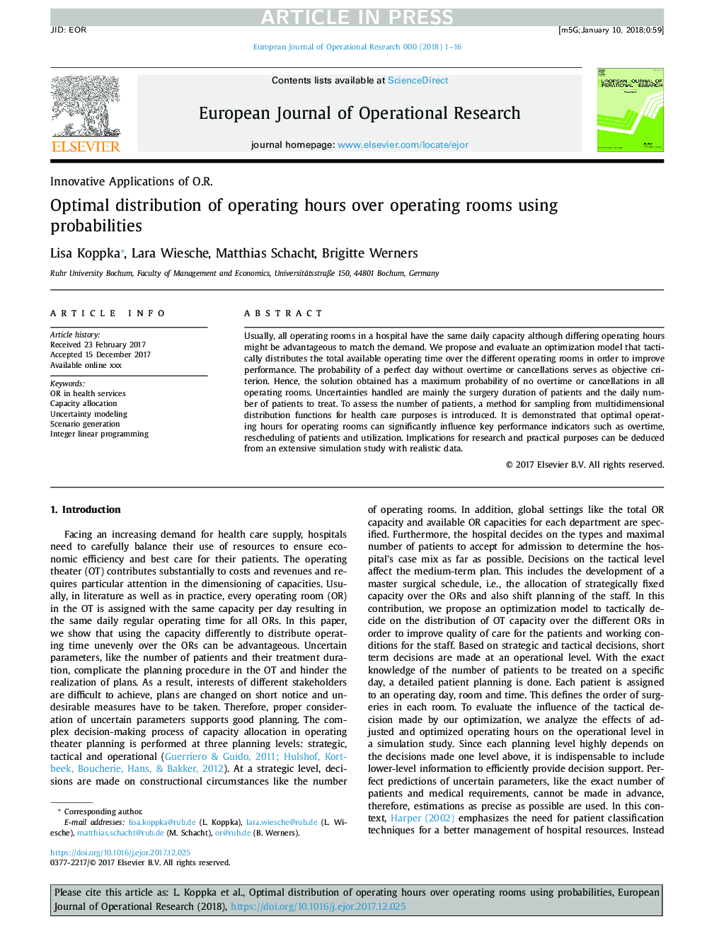 Optimal distribution of operating hours over operating rooms using probabilities