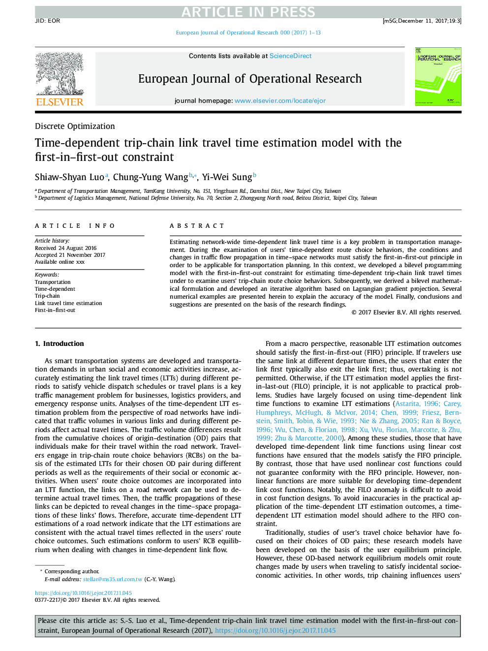 Time-dependent trip-chain link travel time estimation model with the first-in-first-out constraint