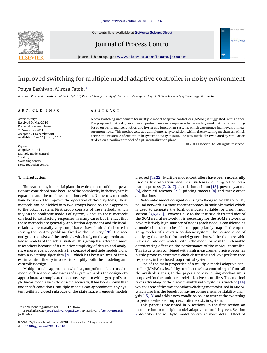 Improved switching for multiple model adaptive controller in noisy environment