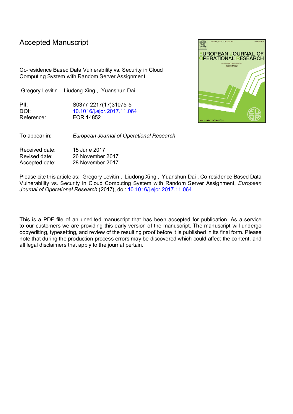 Co-residence based data vulnerability vs. security in cloud computing system with random server assignment