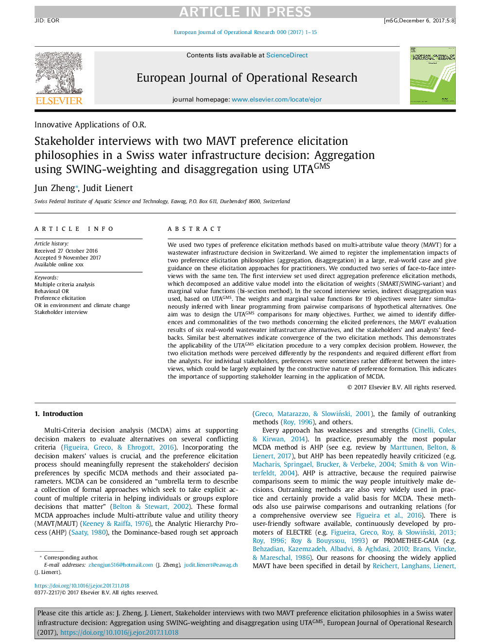 Stakeholder interviews with two MAVT preference elicitation philosophies in a Swiss water infrastructure decision: Aggregation using SWING-weighting and disaggregation using UTAGMS