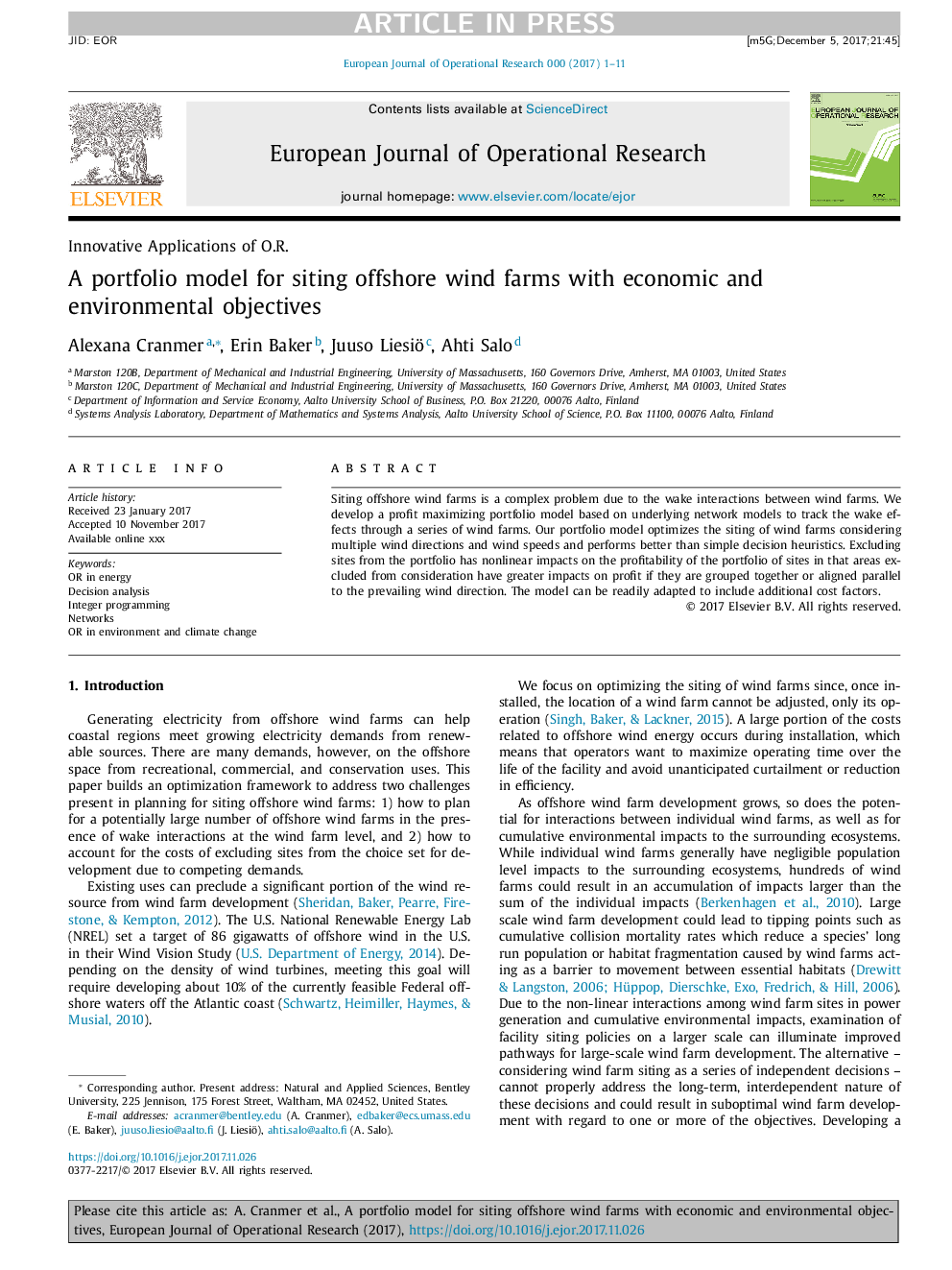 A portfolio model for siting offshore wind farms with economic and environmental objectives