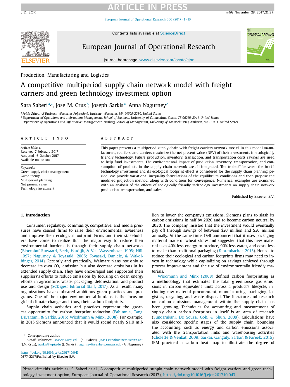 A competitive multiperiod supply chain network model with freight carriers and green technology investment option