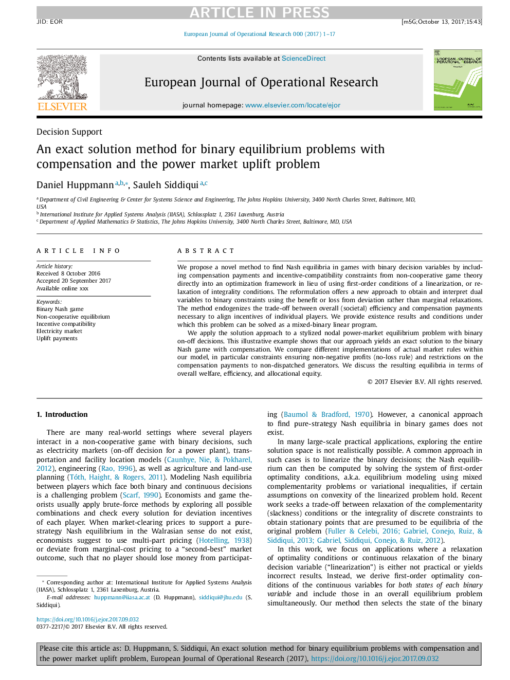 An exact solution method for binary equilibrium problems with compensation and the power market uplift problem