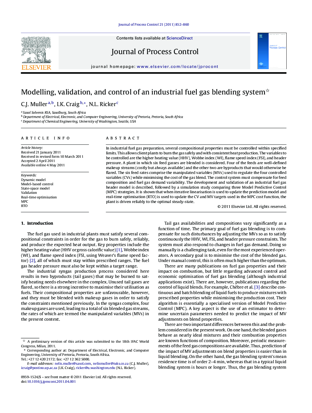 Modelling, validation, and control of an industrial fuel gas blending system 