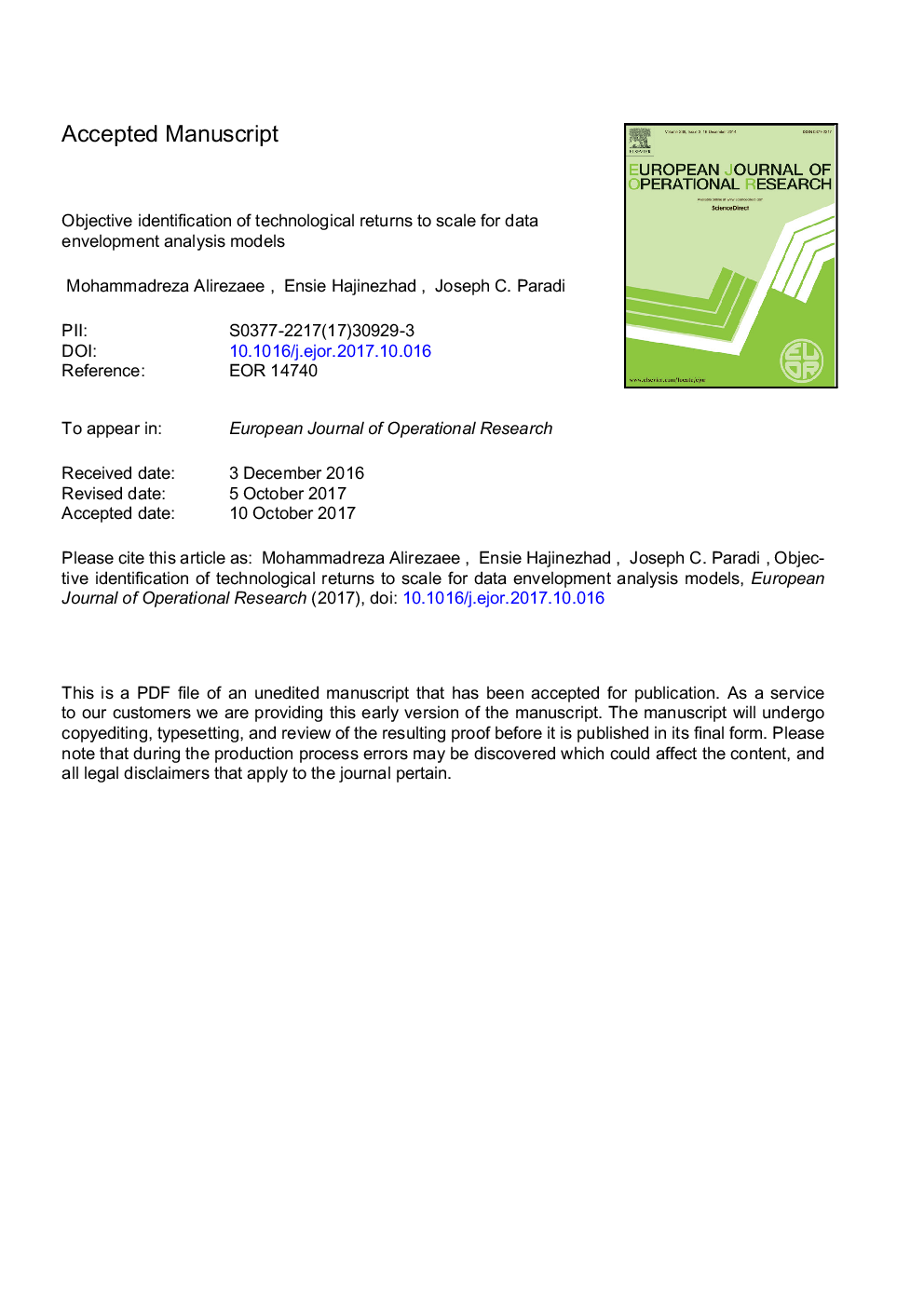 Objective identification of technological returns to scale for data envelopment analysis models