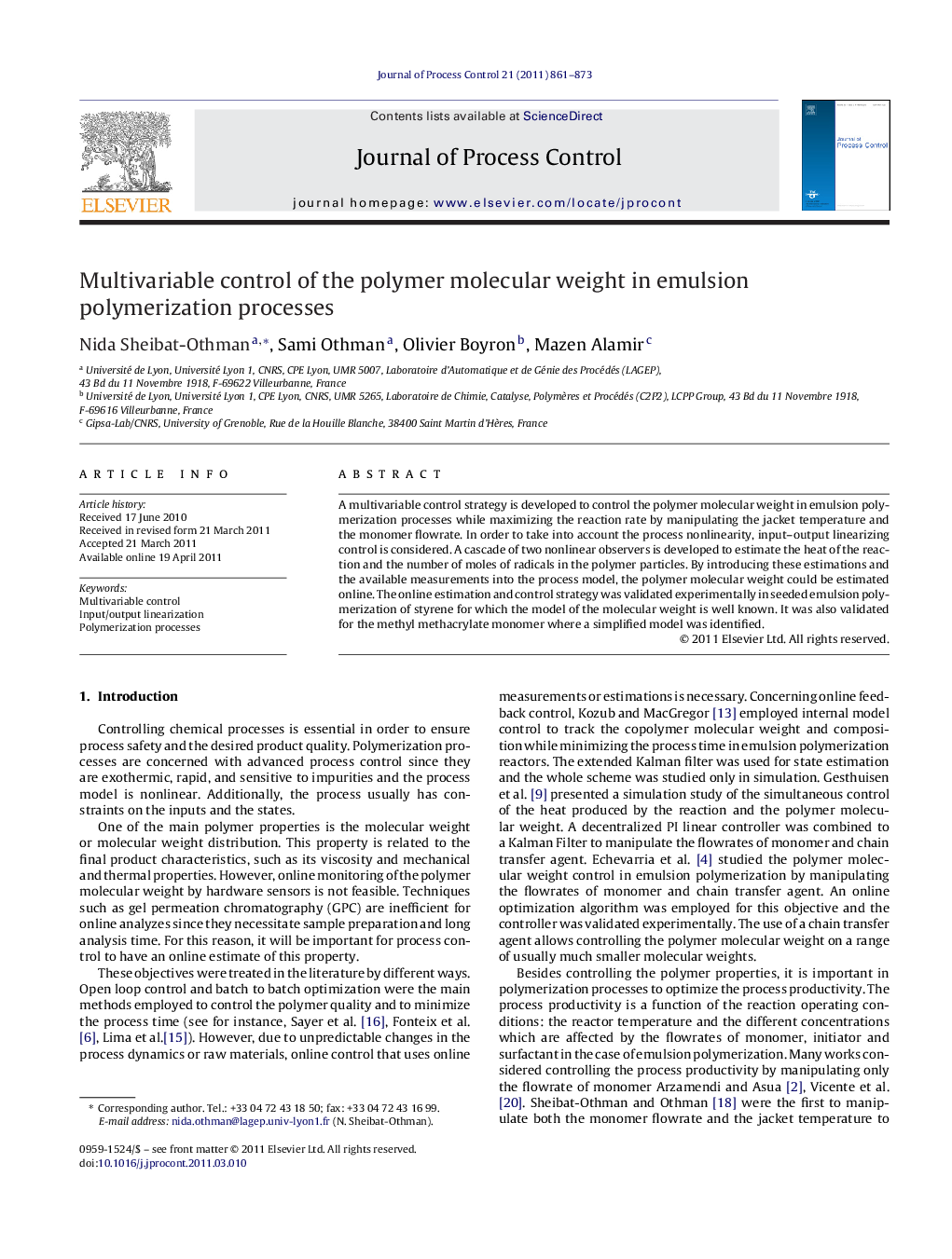 Multivariable control of the polymer molecular weight in emulsion polymerization processes