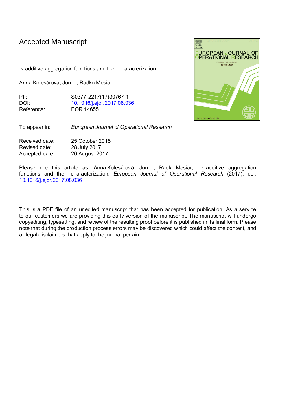 k-additive aggregation functions and their characterization