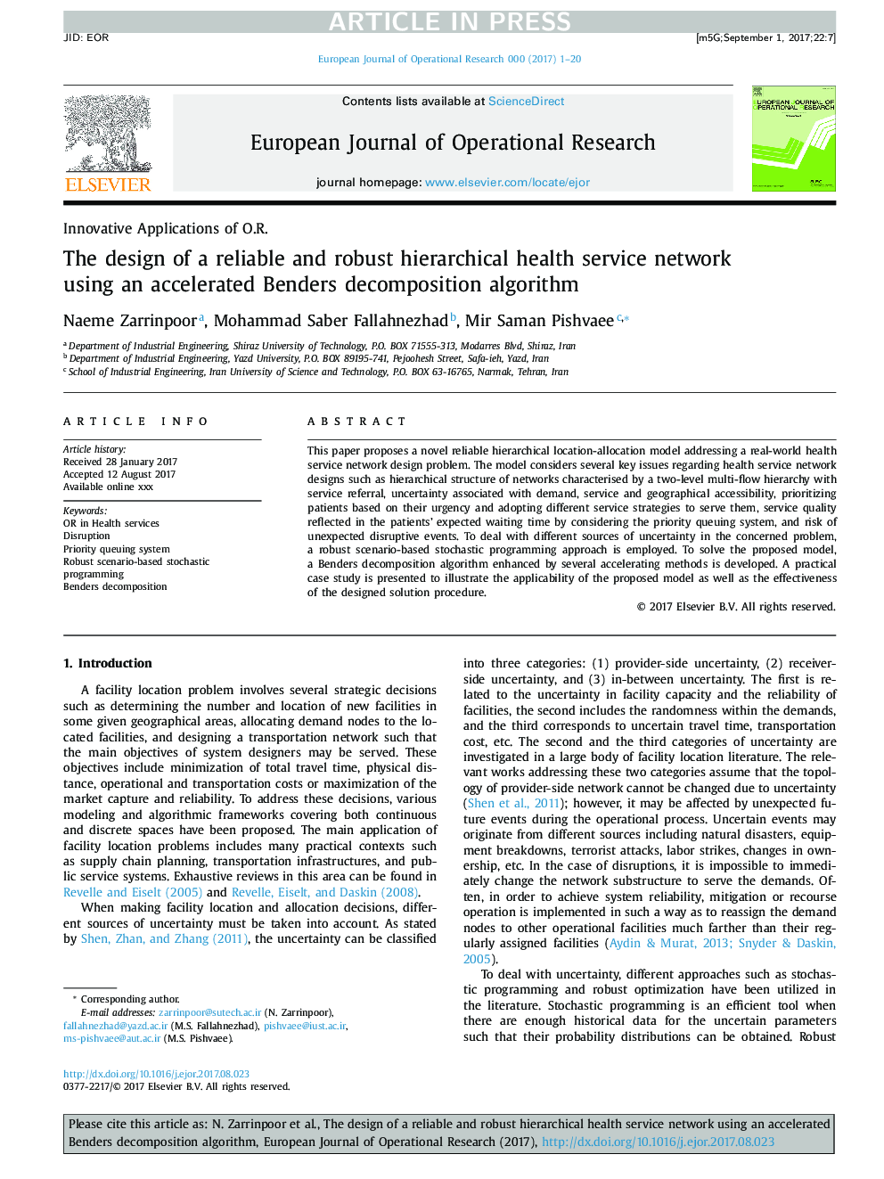 The design of a reliable and robust hierarchical health service network using an accelerated Benders decomposition algorithm