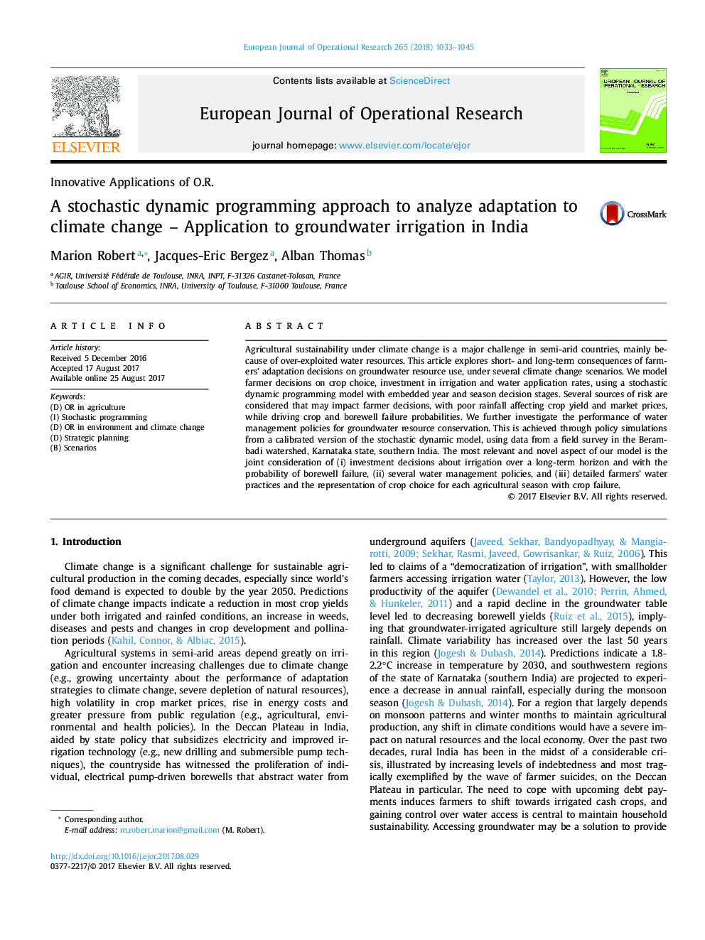 A stochastic dynamic programming approach to analyze adaptation to climate change - Application to groundwater irrigation in India