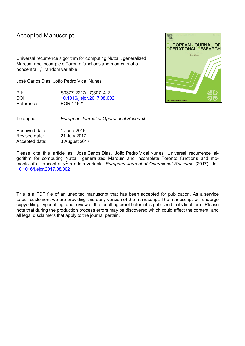 Universal recurrence algorithm for computing Nuttall, generalized Marcum and incomplete Toronto functions and moments of a noncentral Ï2 random variable