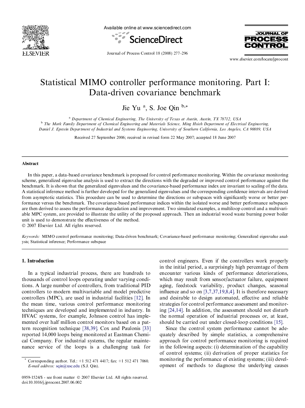 Statistical MIMO controller performance monitoring. Part I: Data-driven covariance benchmark