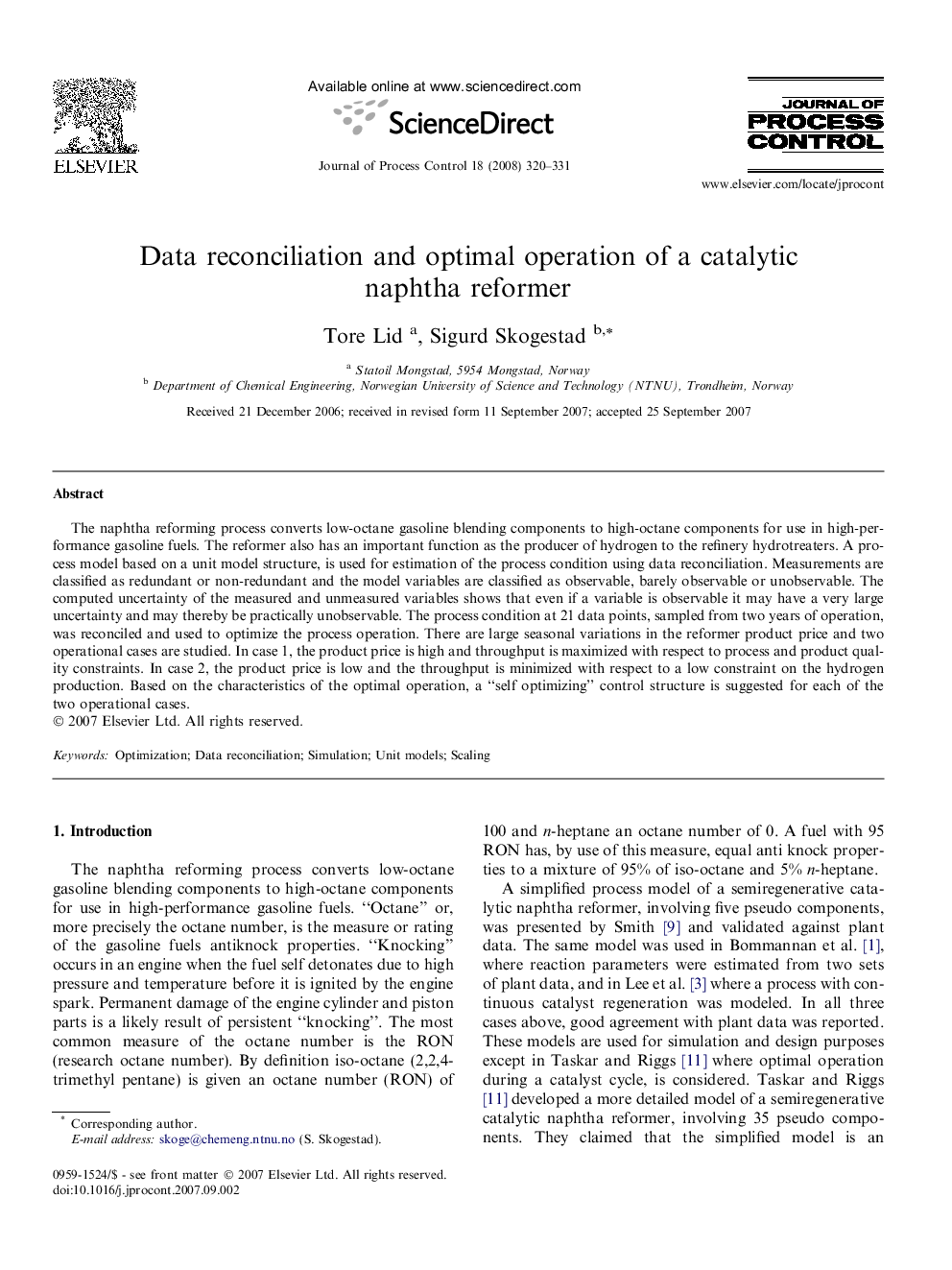 Data reconciliation and optimal operation of a catalytic naphtha reformer