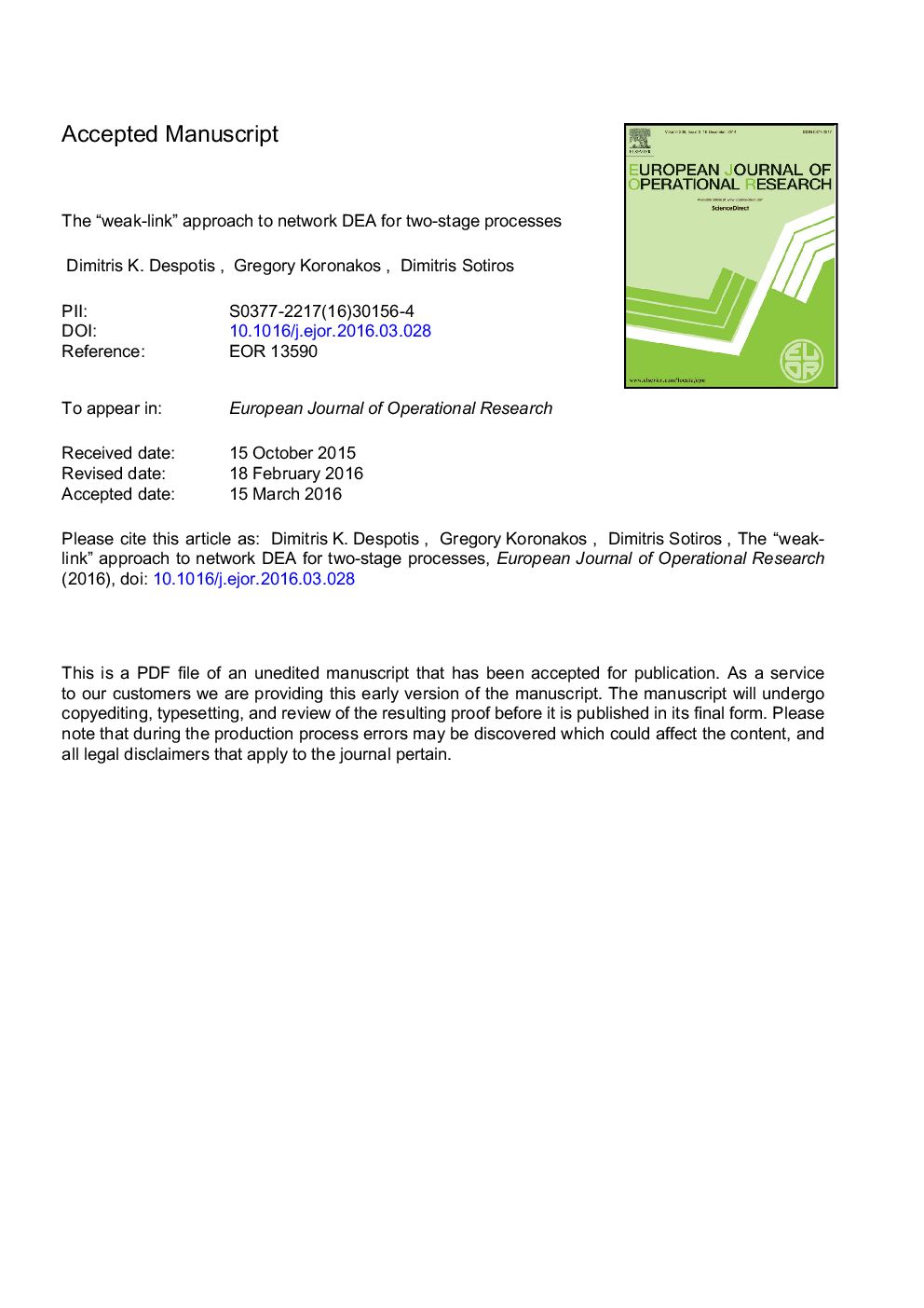 The “weak-link” approach to network DEA for two-stage processes