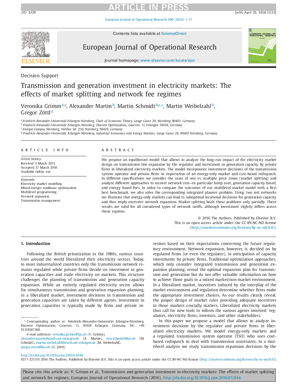 Transmission and generation investment in electricity markets: The effects of market splitting and network fee regimes