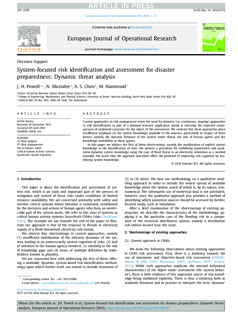 System-focused risk identification and assessment for disaster preparedness: Dynamic threat analysis