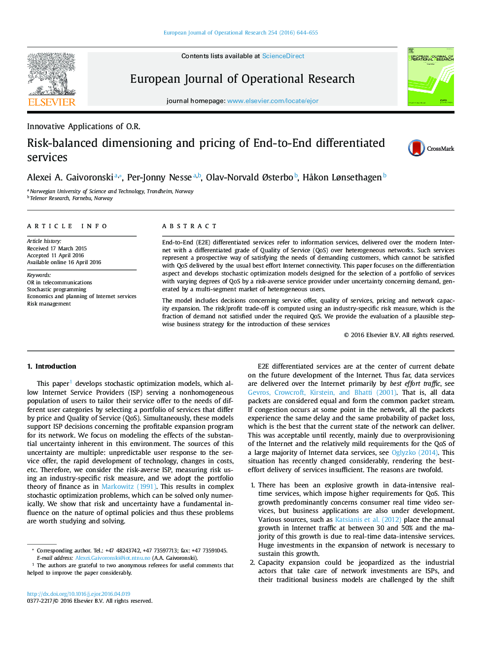 Risk-balanced dimensioning and pricing of End-to-End differentiated services