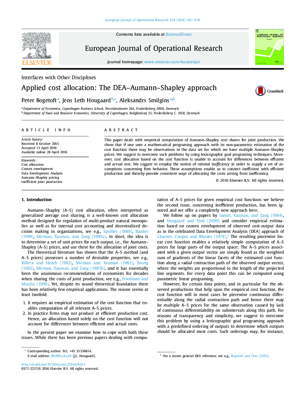 Applied cost allocation: The DEA-Aumann-Shapley approach