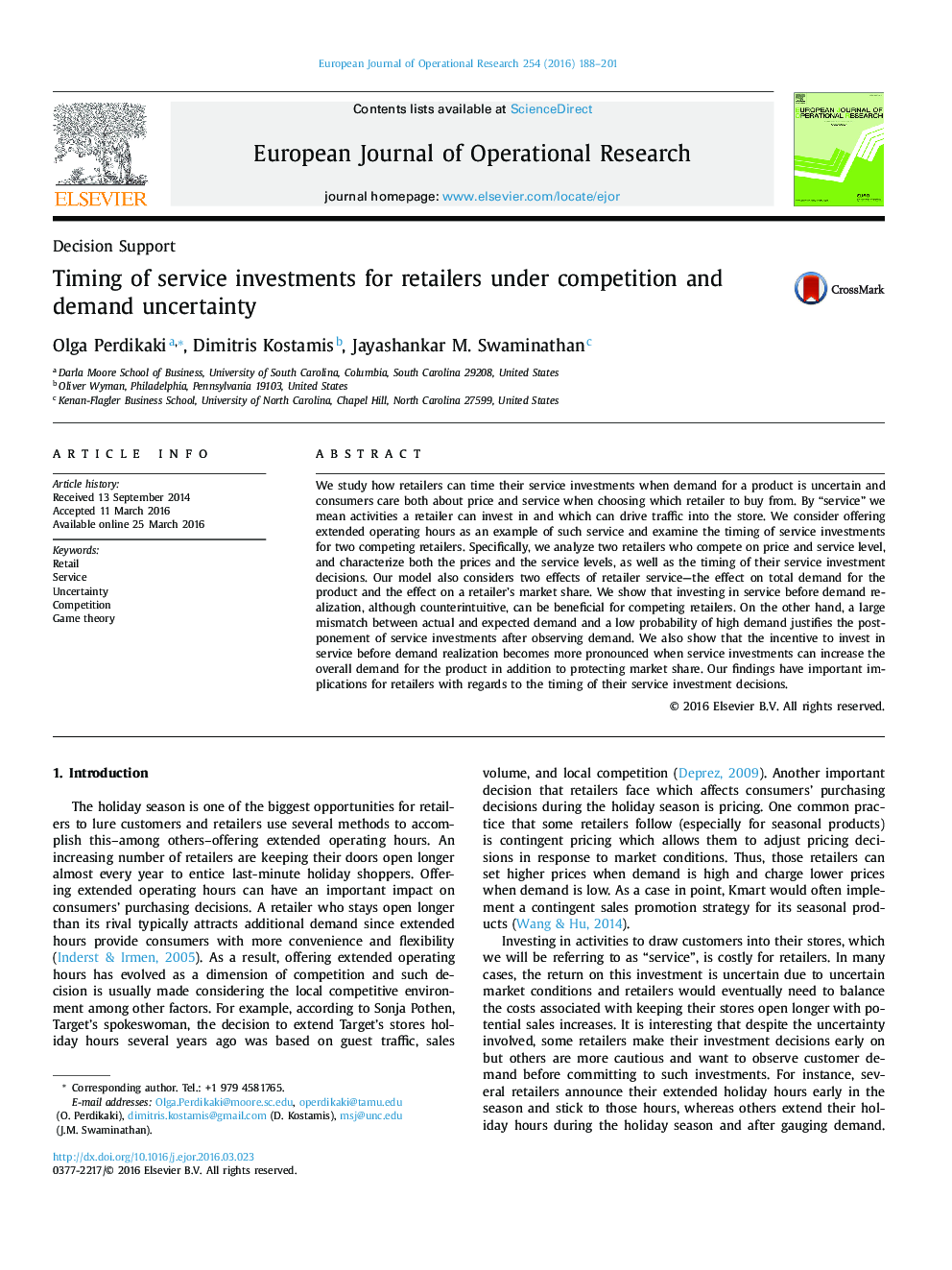 Timing of service investments for retailers under competition and demand uncertainty