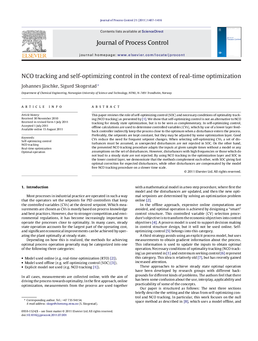 NCO tracking and self-optimizing control in the context of real-time optimization