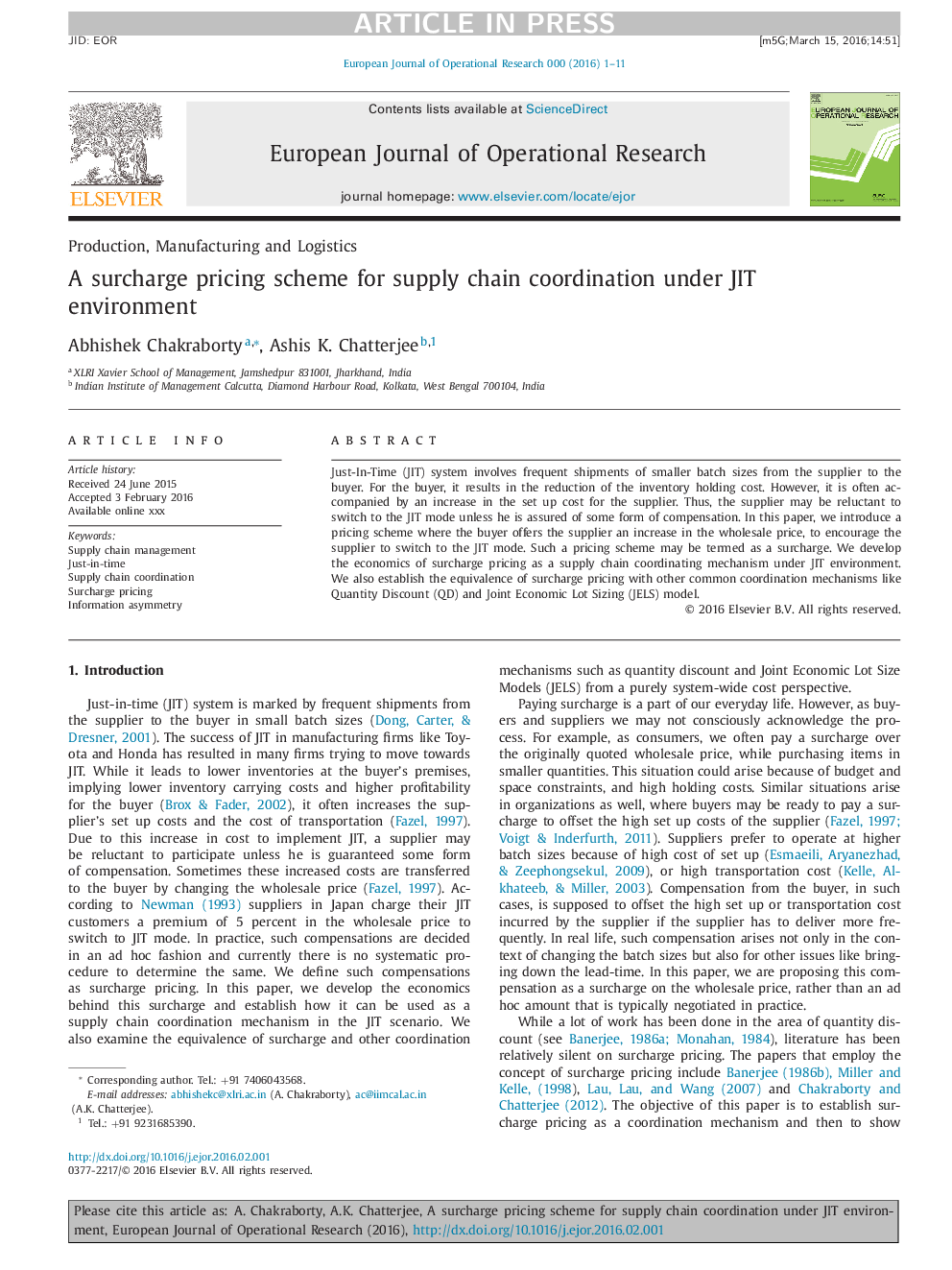 A surcharge pricing scheme for supply chain coordination under JIT environment